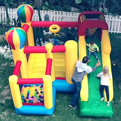 Rumah pantul tiup, 6 in 1 Bouncy Castle dengan Blower untuk anak-anak, meniup lompat lompat dengan perosotan, panjat dinding, lubang bola, berjemur