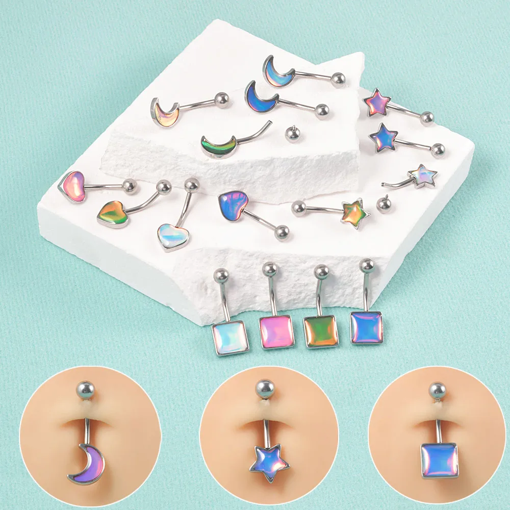 4PCS Surgical Steel Mix Color Flash Film Glitter Gem Belly Button Rings Heart/Star/Sqaure/Moon Navel Piercing Body Jewelry