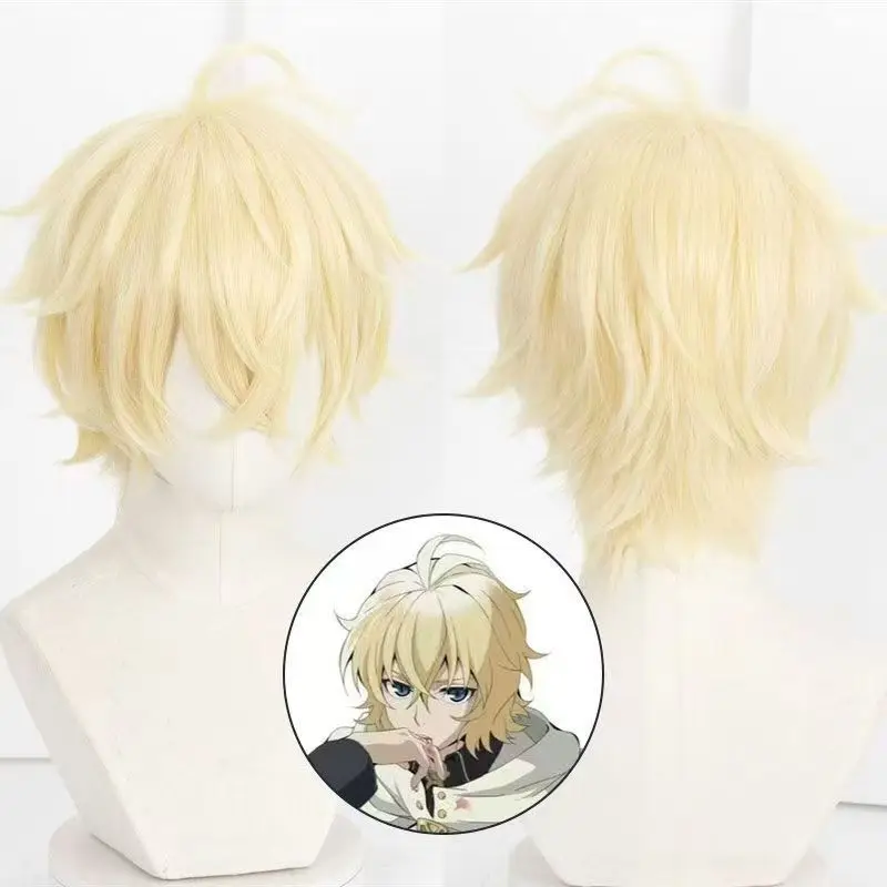 Anime Hyakuya Mikaela Cosplay Wig Short Blonde Hair Heat Resistant Synthetic Wig With Rose Net Halloween Party Cosplay Wigs