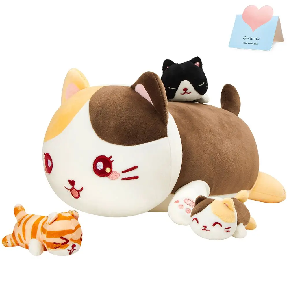 

Cute Stuffed Cat Mother with 3 Kittens Dolls Set Plush Toys Soft Animals Pillows for Girl Kids Interactive Children's Plush Doll