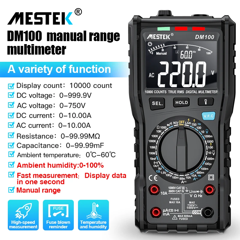 MESTEK DM100 Digital Multimeter High Speed Smart Double Core T-rms NCV Temperature multimetro Anti-burn Fuse Alarm multimeters