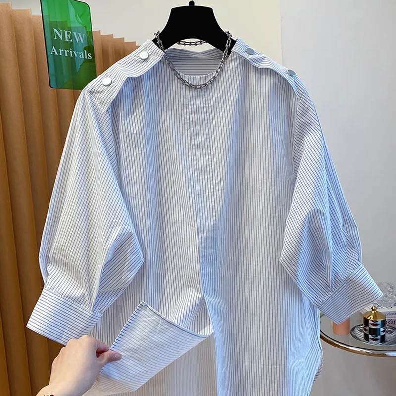 

Blue Striped Blouses for Women Summer New Korean Style Loose Half Sleeve O-neck Simple T-shirts Elegant Female Pullover Tops