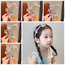 Head Wear Butterfly Ribbon Hairband 3D Gradient Color Children Pearl Headband Hair Clip Korean Style Moving Wings Hair Hoop