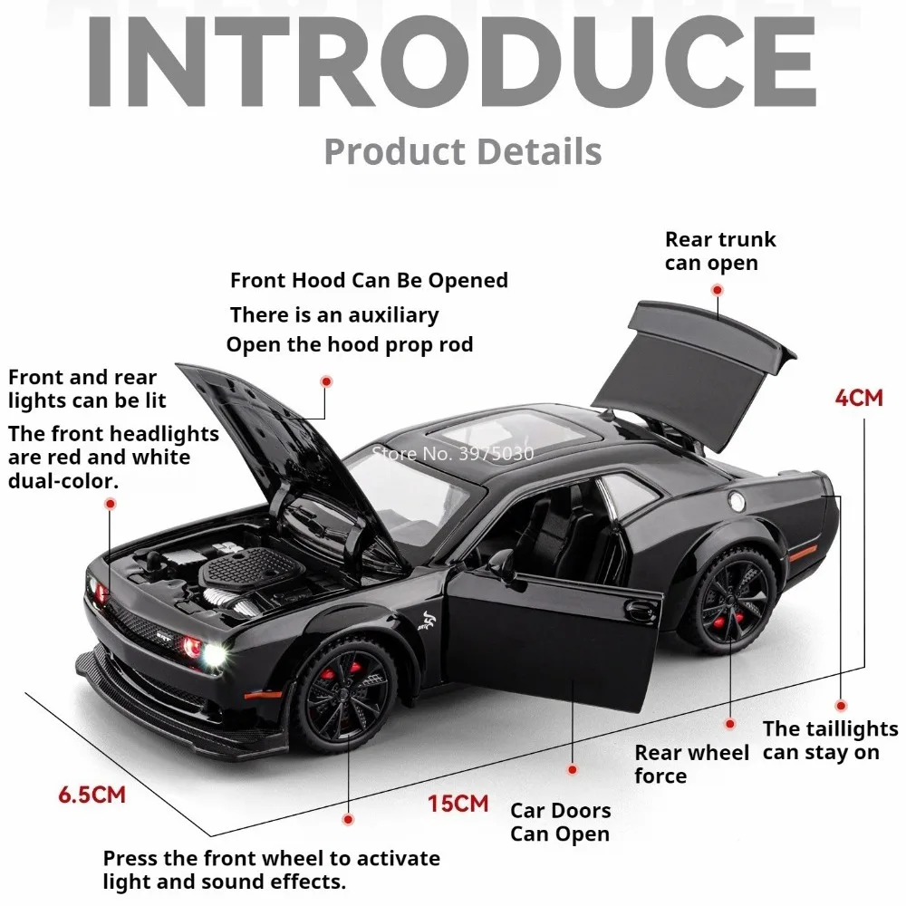 1:32 Firebird Challenger SRT Hellcat Auto Speelgoed Miniatuur Modellen Licht Geluid Trek Voertuigen Model Kinderen Dag Cadeautjes