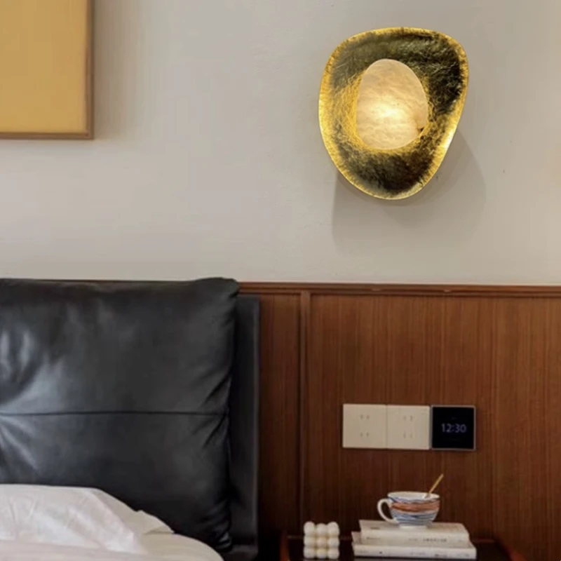 

Retro all-copper marble wall lamp light luxury medieval villa hotel model room living room background wall corridor aisle lamp