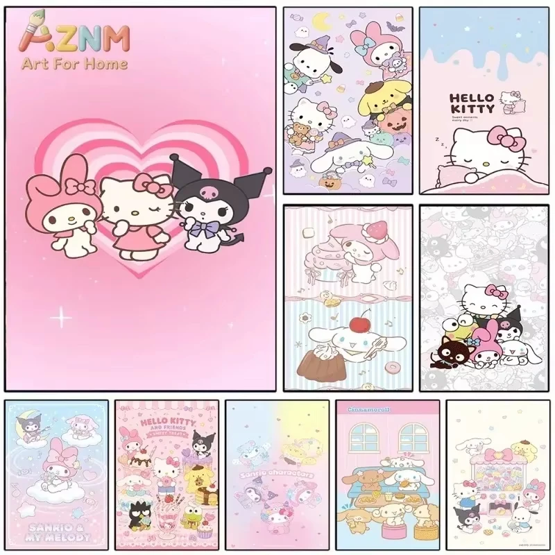 AZNM Hello Kitty My Melody Kuromi Canvas Poster Sanrio Cartoon Print Unframed Canvas Art Pink Heart Dessert Sweet Kawaii Aesthet