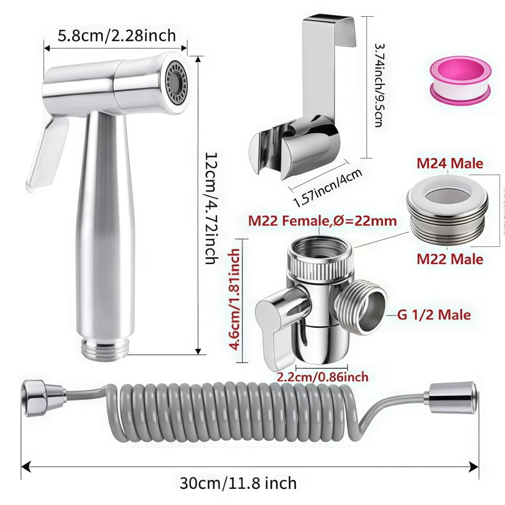 Steel Hand Shower Set Bathroom Bidet Attachment with Faucet Dispenser/ Spring Hose Hook /  Faucet Dispenser for Bathroom Hygiene