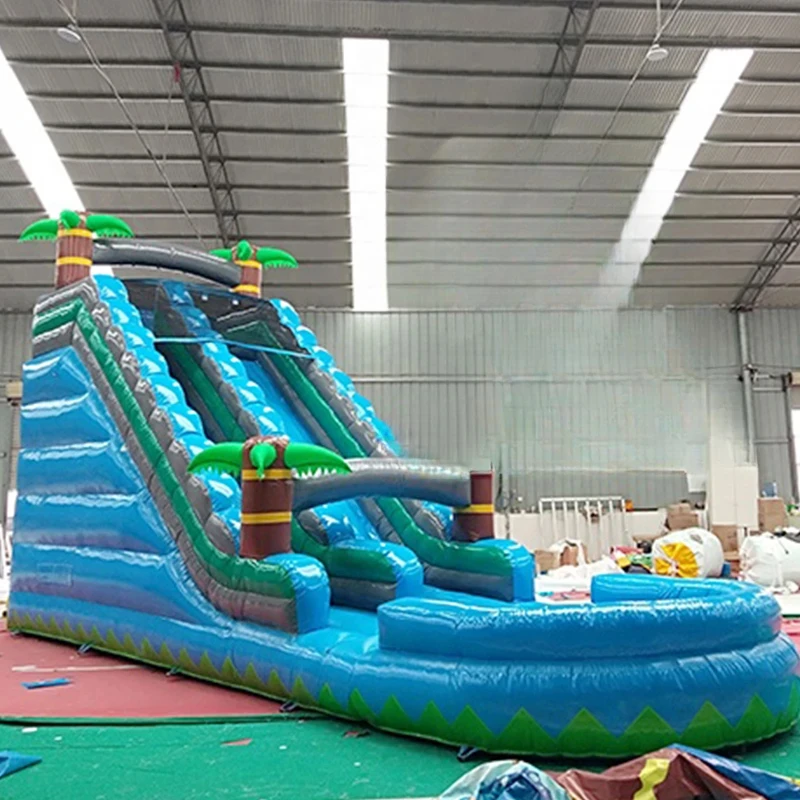 FOR selling factory direct sales multi-color selection Palm tree inflatable water slide with small pool