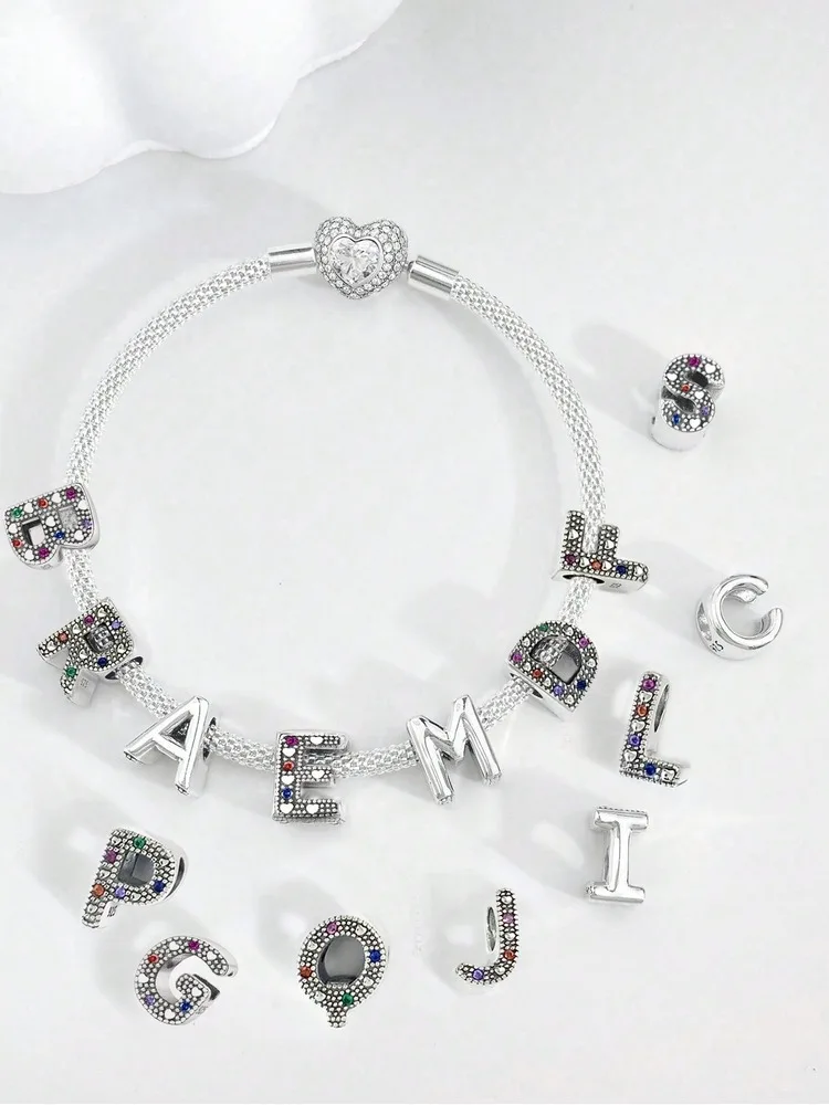 Abalorio de plata de ley 925 con 26 letras coloridas a la moda, apto para pulseras de mujer, regalo DIY, joyería de calidad alta