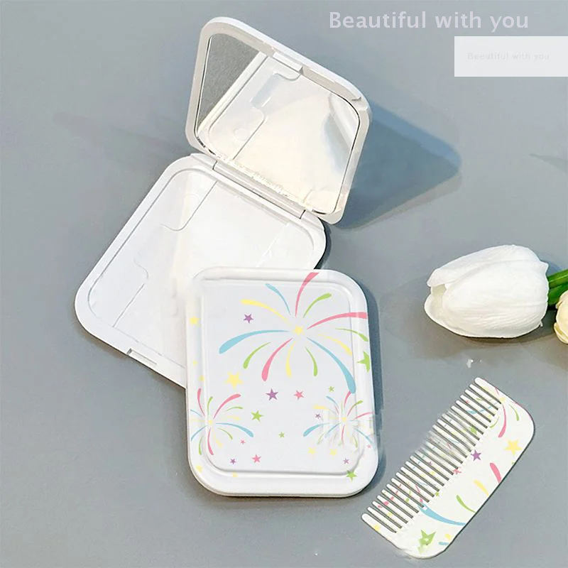 

Colorful Fireworks Mini Folding Makeup Mirror With Comb Portable Cute For Women Girls Mini Handheld Makeup Mirror