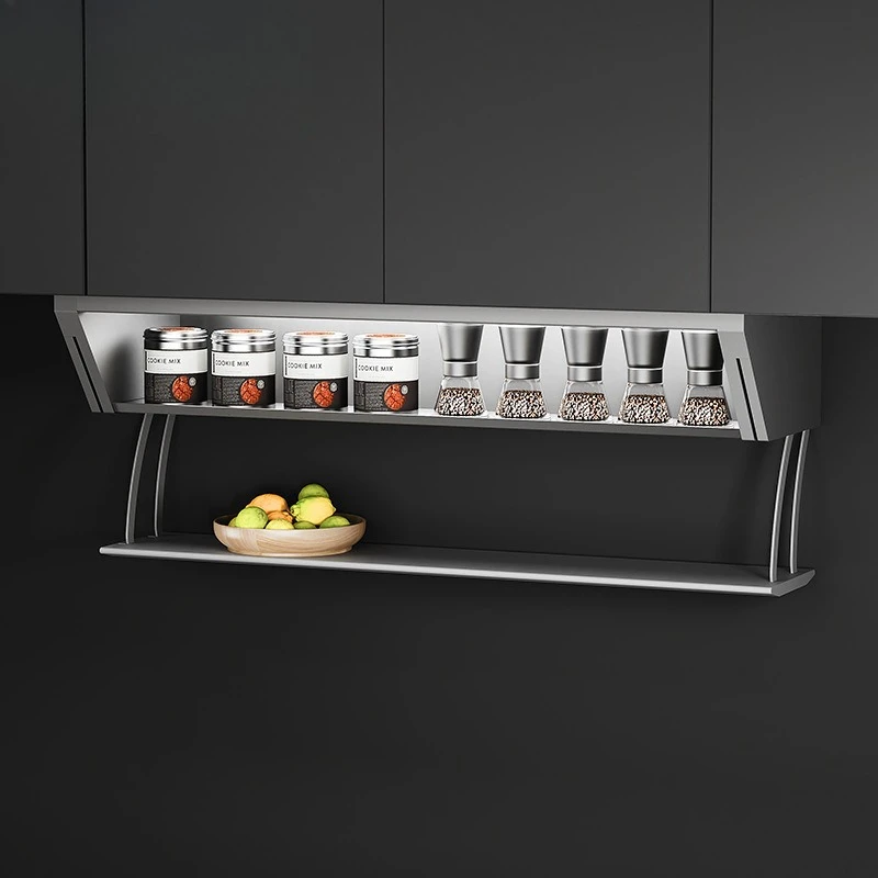 

Wall cabinet pull-down rack double-layer folding telescopic preparation artifact dishes condiments storage rack pull basket