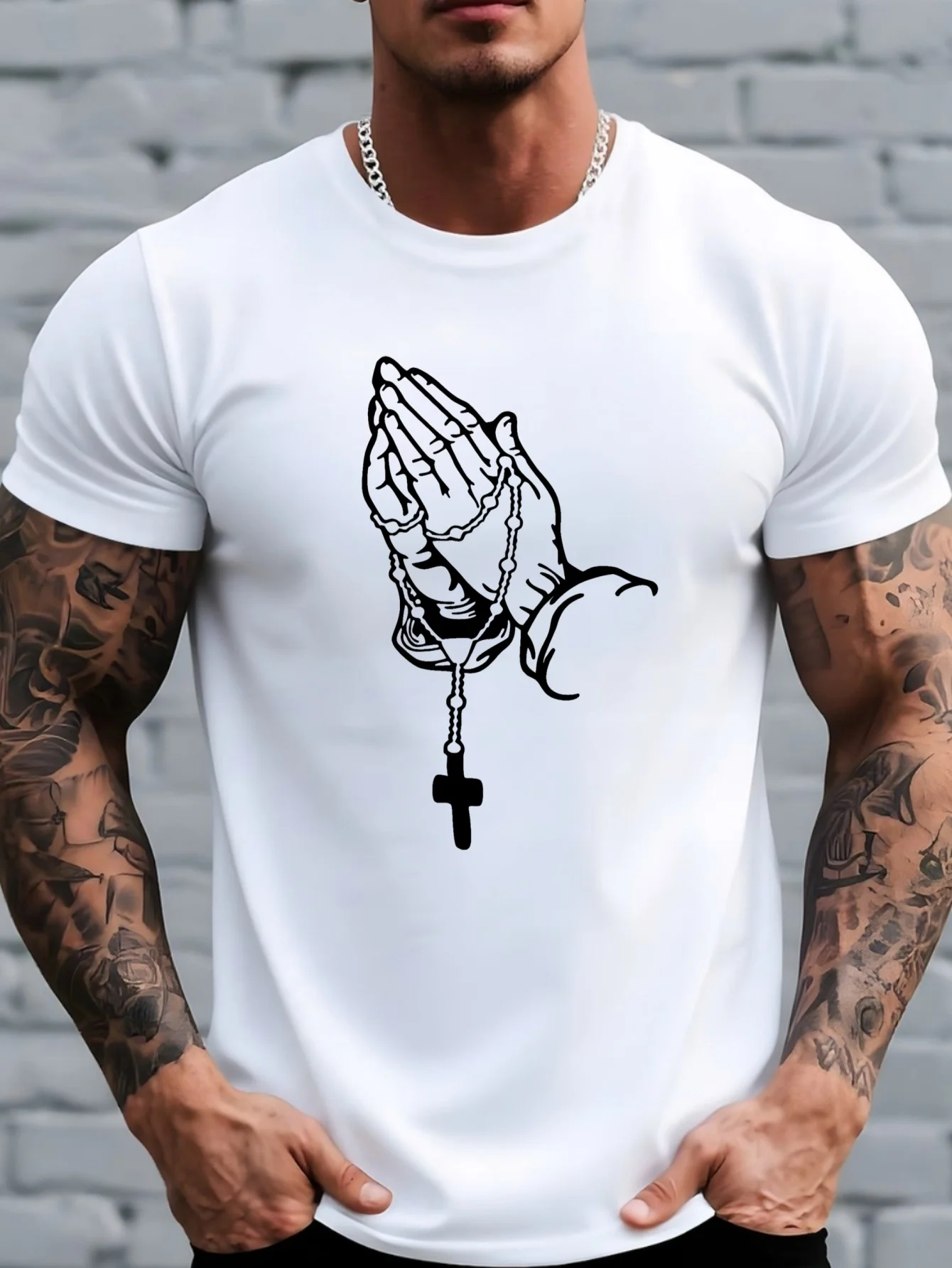 Men'S Short-Sleeve T-Shirt with a Cross Prayer Hand Pattern Print, Perfect for Casual Summer Wear,