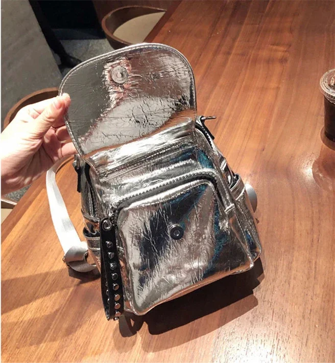 Fashion Vegan Leather Small Size Silver Backpack 90s Fashion Women Casual Korean Stylish Rivet Shiny Rhinestone Travel Daypack