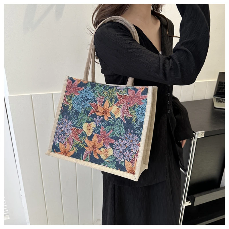 Fashion Floral Print Tote Bag Large Capacity Shopping Lunch Bag For Women Floral Print Canvas Shoulder Bag Big Shopper Bags