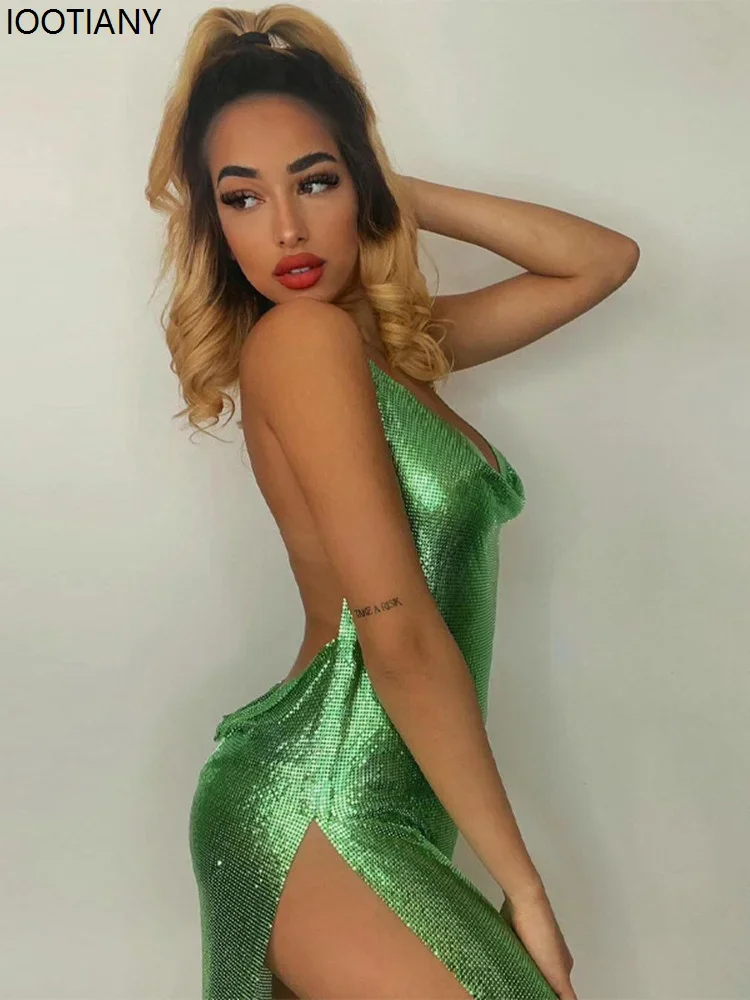 

CosplaySexy Bodycon Mini Dress For Women Bling Glitter Evening Prom Women Halter Side Slit Backless Party Club Clothes