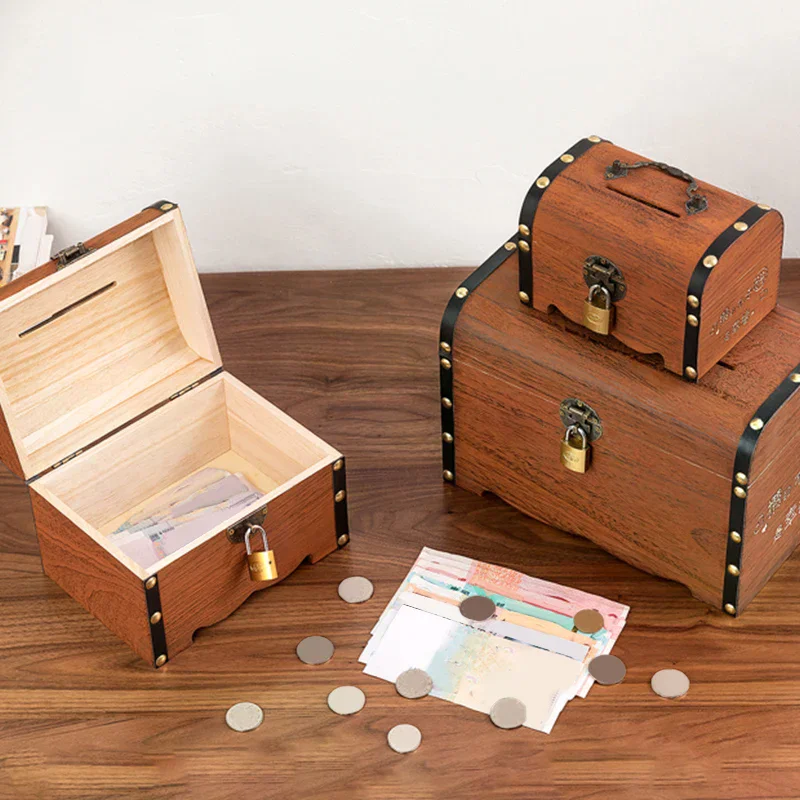 1 Set Vintage Treasure Storage Box Wooden Treasure Chest With Lock Piggy Bank Organizer Saving Box Case For Home Decoration