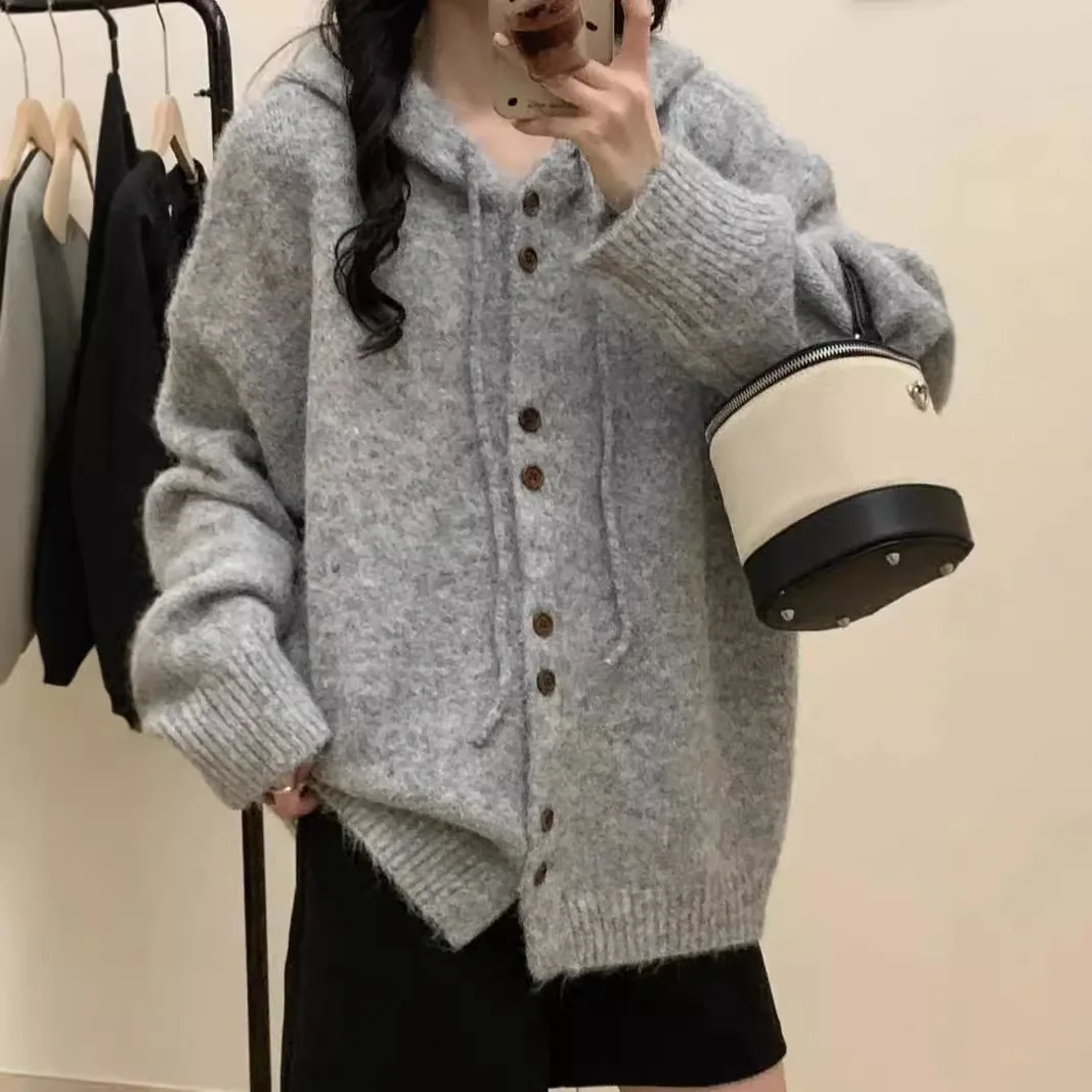 Sweater Women 2024 Fashion Autumn Winter Loose Hooded Solid Color Loose Casual Temperament Solid Color Cardigan Women BD4110