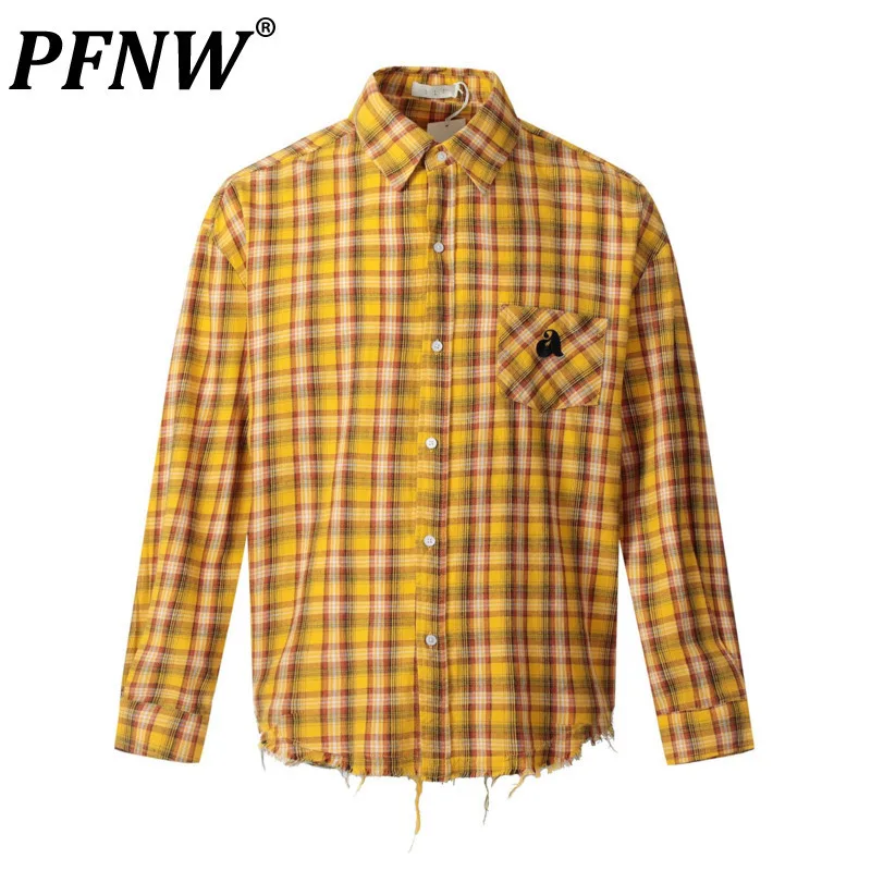 PFNW Unisex Yellow Plaid Embroidery Spliced Long Sleeve Shirt Raw Edge Design Oversized Loose Casual Spring 2025 New Top 12C1616