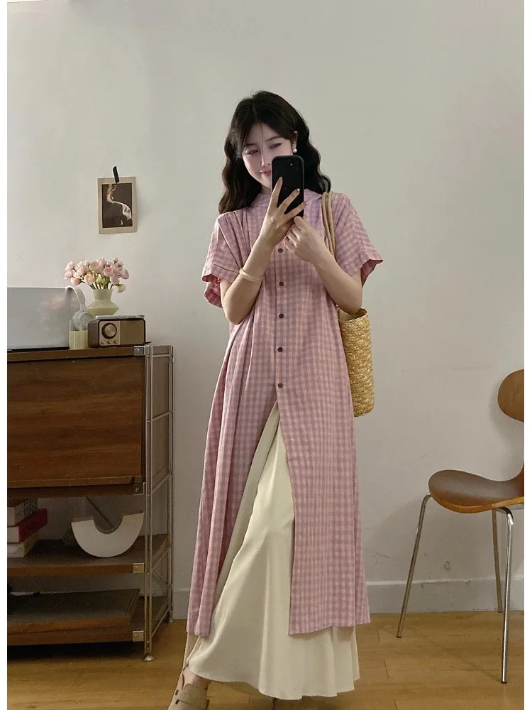 

plus Size Women's Vintage Plaid Short Sleeve Shirt Dress Casual Design Slimming Wide Leg Pants Skirt Two Piece Set Korean Style