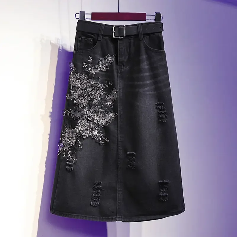 European Mid-length Denim Skirt Women Half-length Skirt Female Plus Size 90 KG New Embroidered Flower Casual Skirt A-line