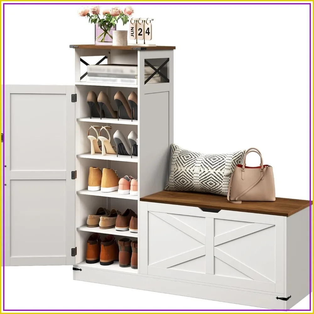 White and Walnut Shoe Cabinet L-Shaped, with Bench, Adjustable Shelves