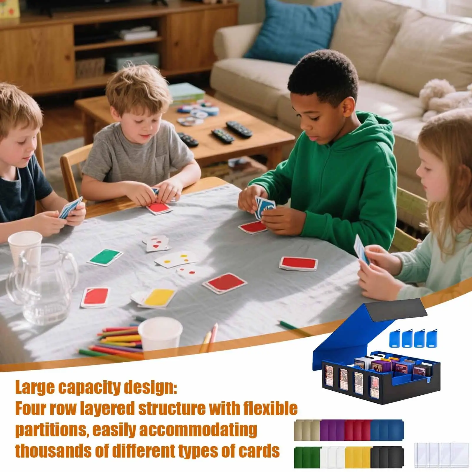 Card Deck Box Card Storage Case Removable Lid 4 Row Container With Sleeves Supporters Dividers For Collection Display Living