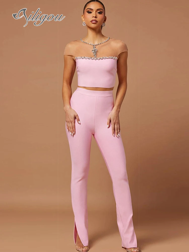 

Ailigou 2024 Women's Sexy Mesh Luxury Diamond Pink Two piece Pants Bandage Set 2 piece Celebrity Designer Fashion Women's Set