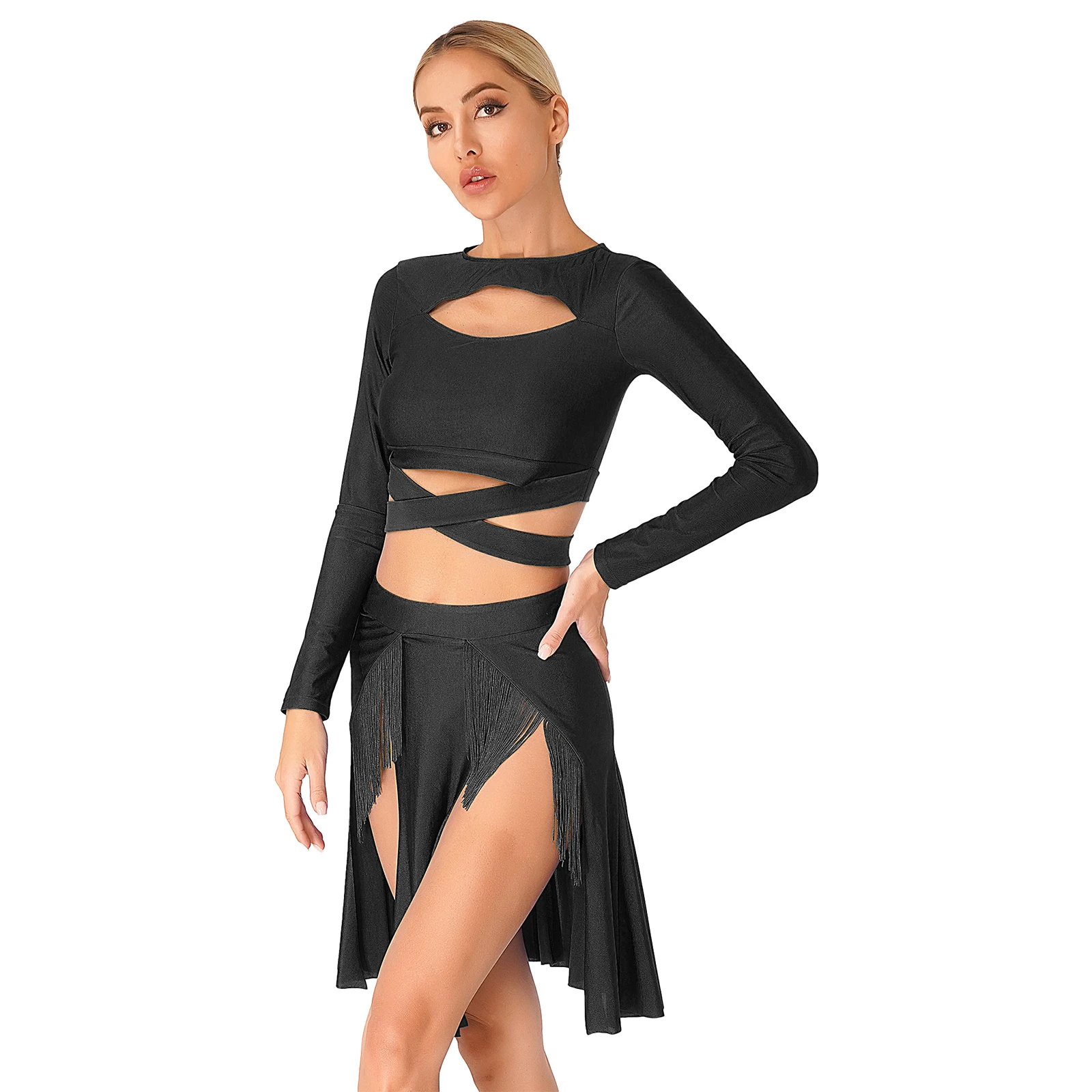 Women Lyrical Dance Outfit Long Sleeve Crop Top with Split Skirt Dancewear Figure Skating Latin Dance Stage Performance Costume