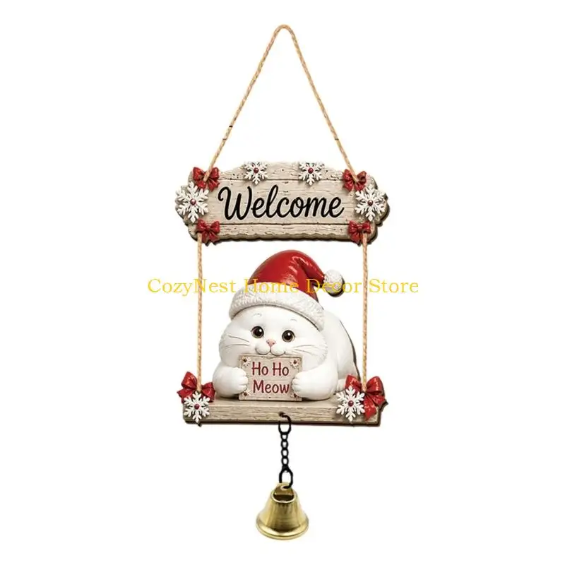 92MF Raised Character Relief on White Wood Board Shapes a Christmas Hanging Sign with Chain Accent for Entryway and Porch