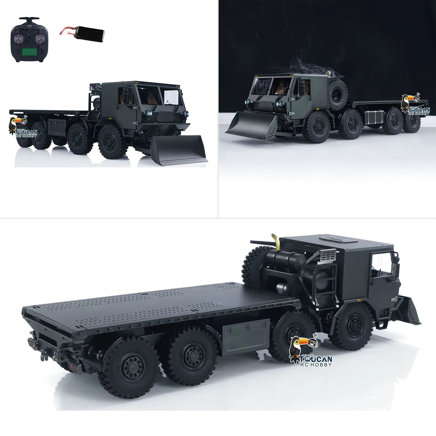 

Радиоуправляемый военный грузовик RTR 8X8 TOUCAN 1/18, металлический, с 2-скоростной коробкой передач CAPO CUB3, блокировкой осей, светом, звуком, дымогенератором и снегоотвалом