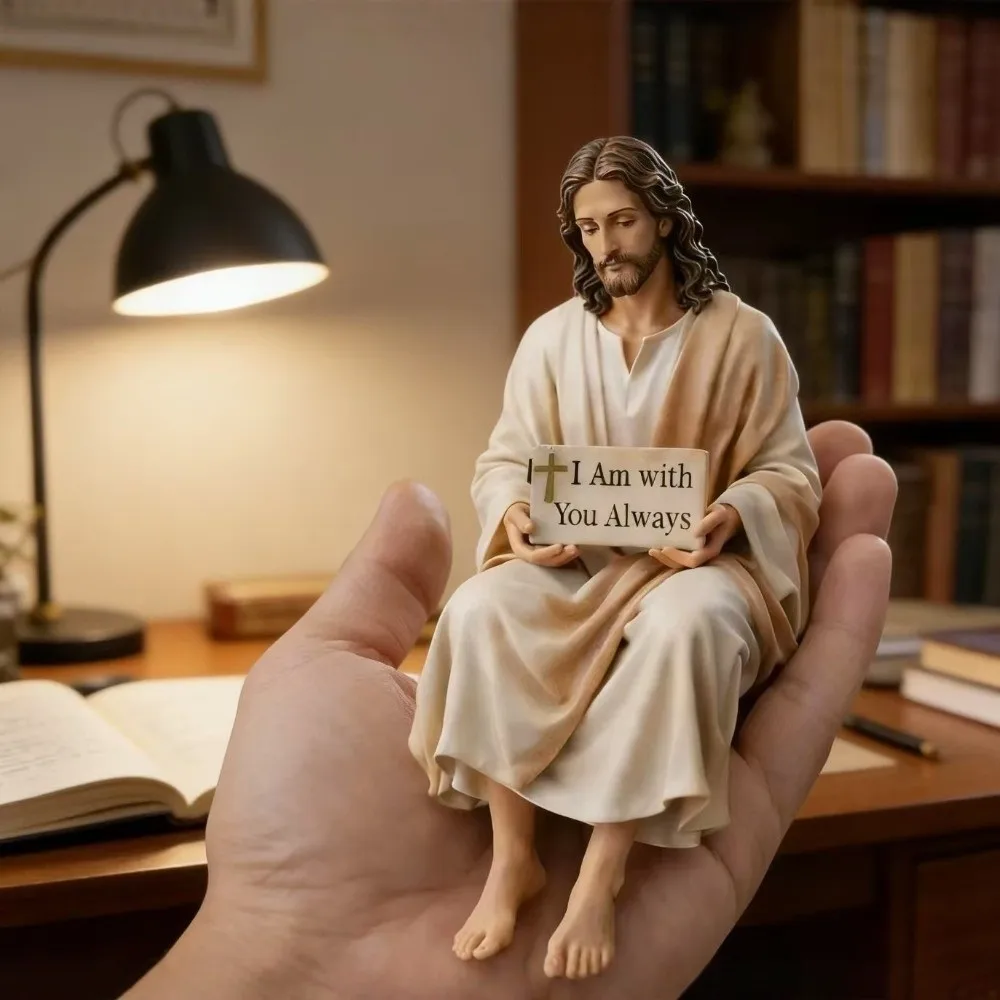 Hand Painted Jesus Figurine I Am with You Always Sitting Pose Resin Jesus Ornament Handmade Unique Jesus Christ Statue