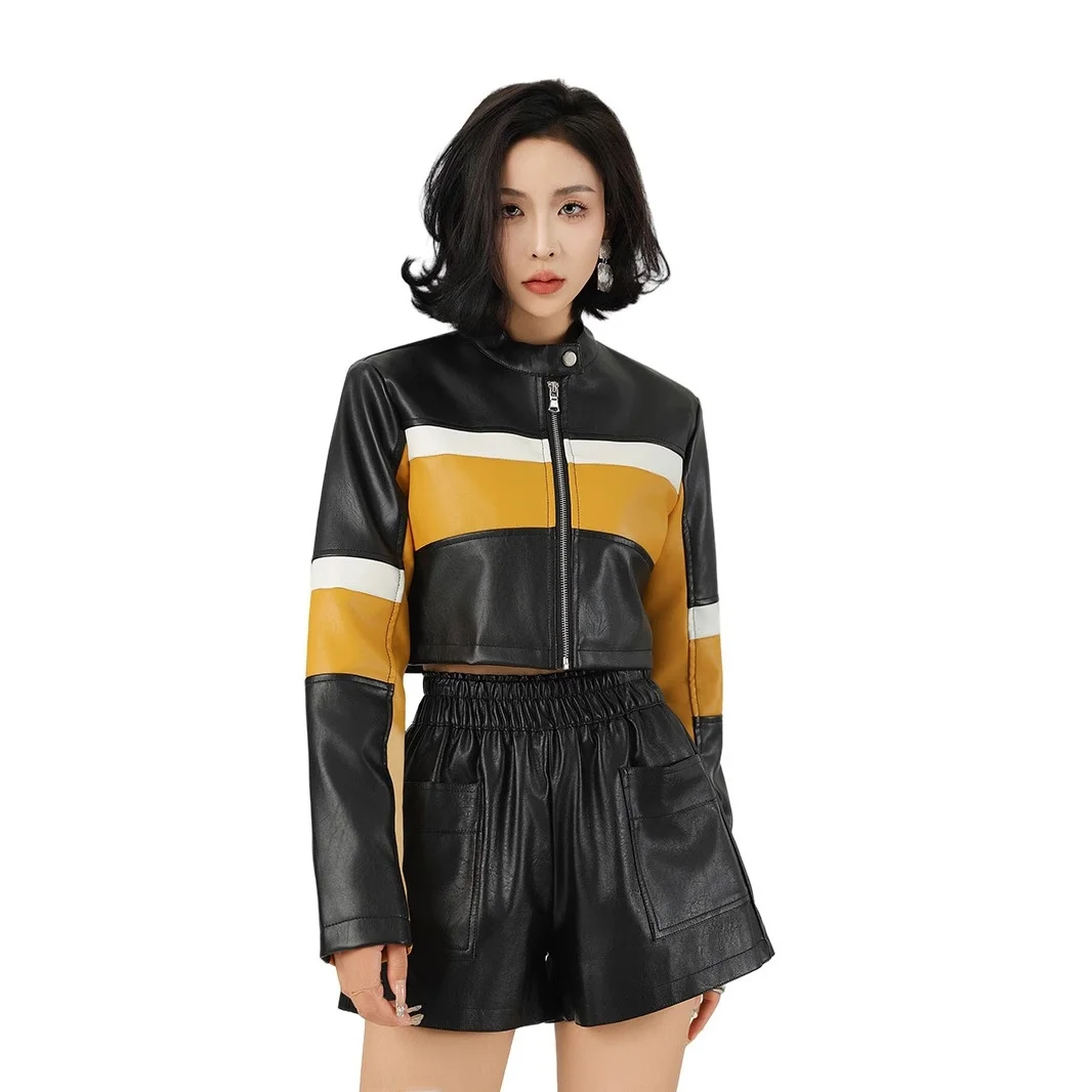 

Сексуальная байкерская куртка из искусственной кожи с цветным дизайном и воротником-стойкой, облегающая женская модная верхняя одежда из тонкого материала