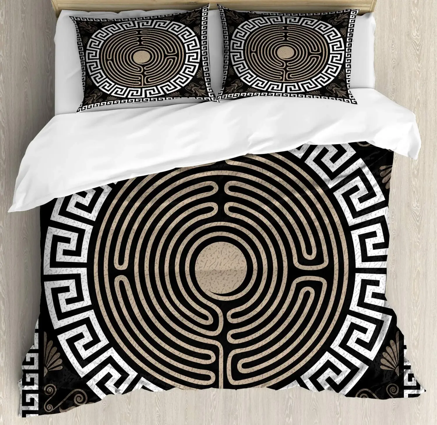 Griechisches Bettwäsche-Set, Frise mit Vintage-Ornament-Meander-Muster aus Griechenland, 3-teiliges Bettwäsche-Set mit 2 Kissenbezügen