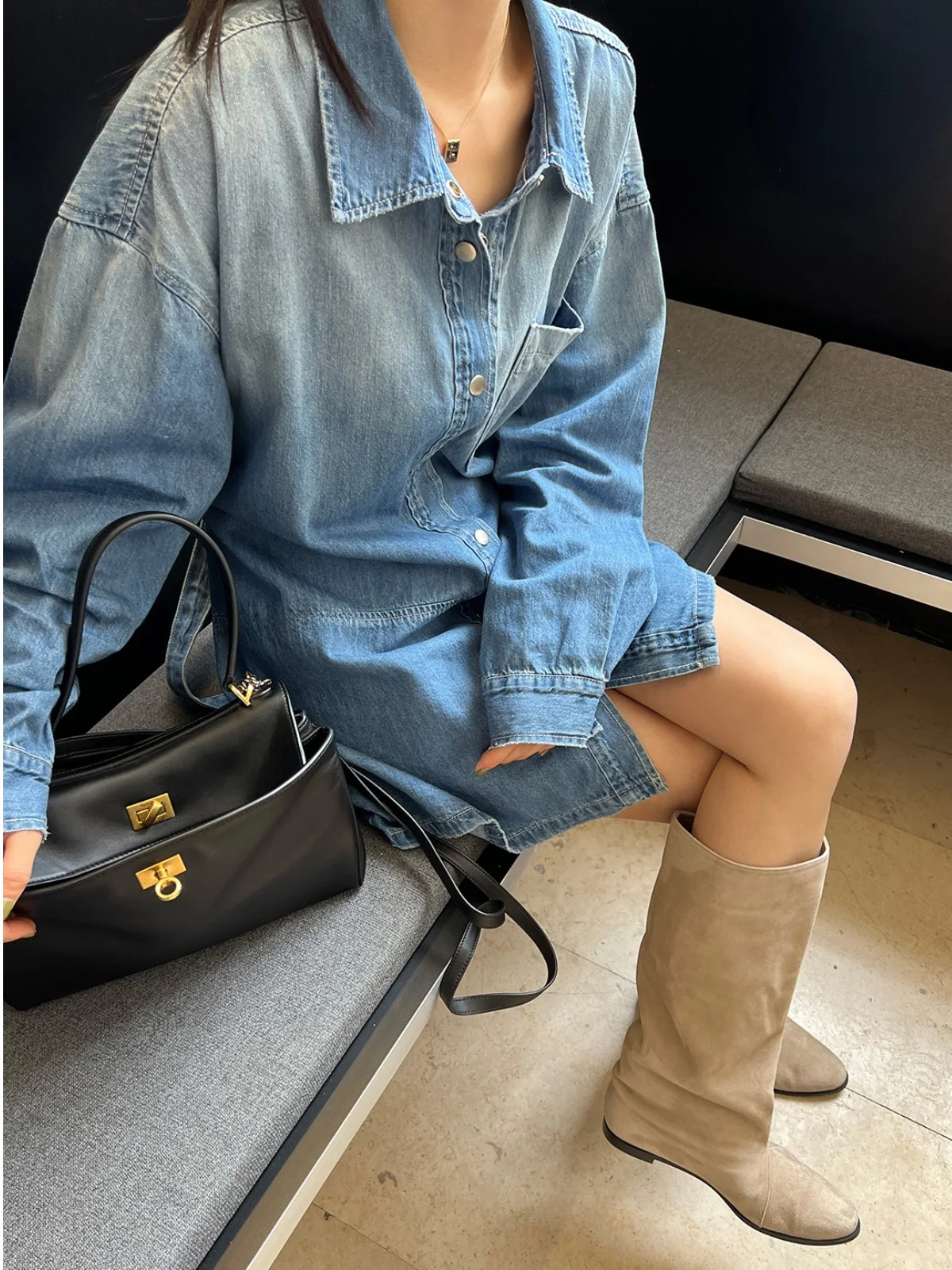 

Retro Collar adient Design Single Button Denim Dr Women's Loose ort Skirt Spring Autumn Winter New Sle Korean Sle