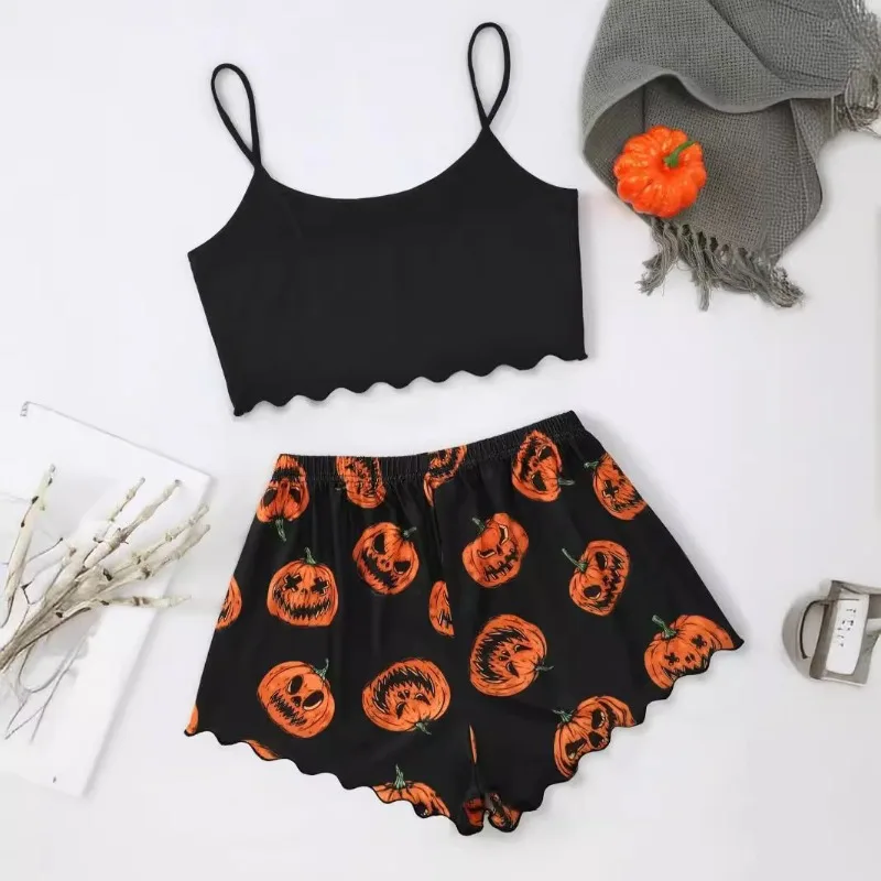 Halloween Pumpkin Print Pajama Set Spooky Pumpkin Head Cosplay Round Neck Camisole Top and Lettuce Side Shorts Homewear