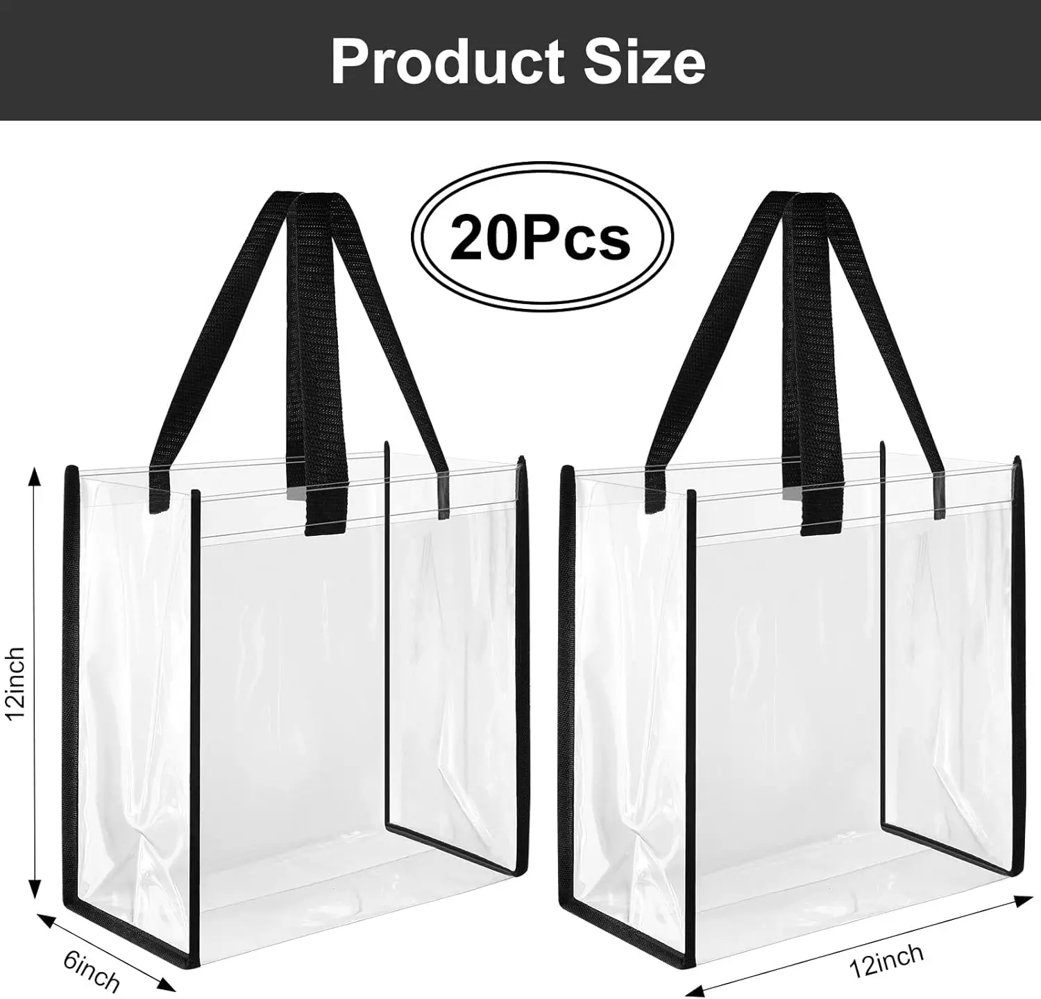 Saintrygo 20 Pack Clear Tote Bags 12 x 12 x 6, PVC Plastic Tote Bag With Handles for Work Beach Lunch Sports, Concerts (Black)