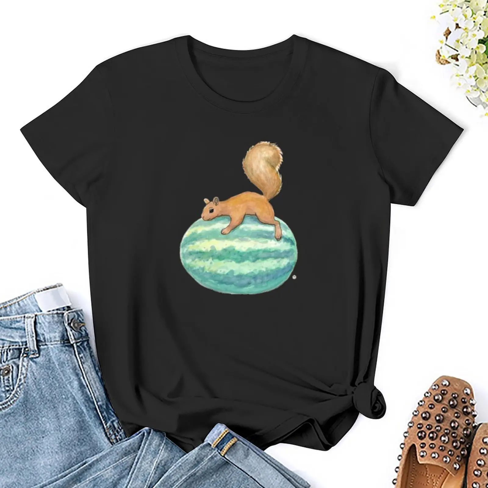 Squirrel & Watermelon T-Shirt Female clothing graphics plus size tops hippie clothes t-shirts for Women loose fit