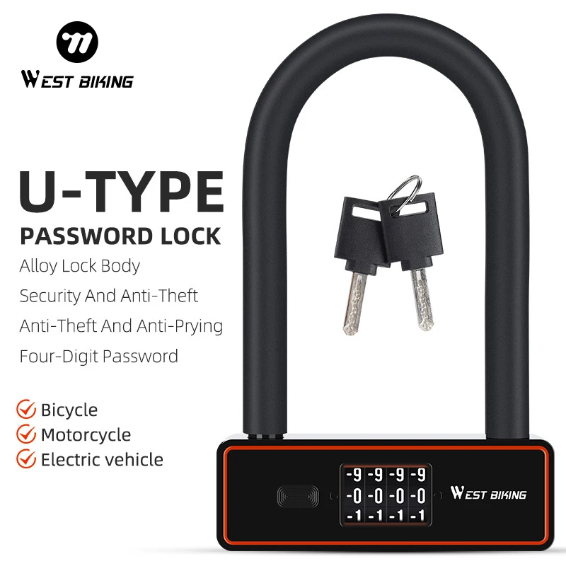 

WEST BIKING Portable Motorbike U Lock Anti Theft Security Lock Heavy Duty Zinc Alloy Padlock E-Bike Door with Password Keys