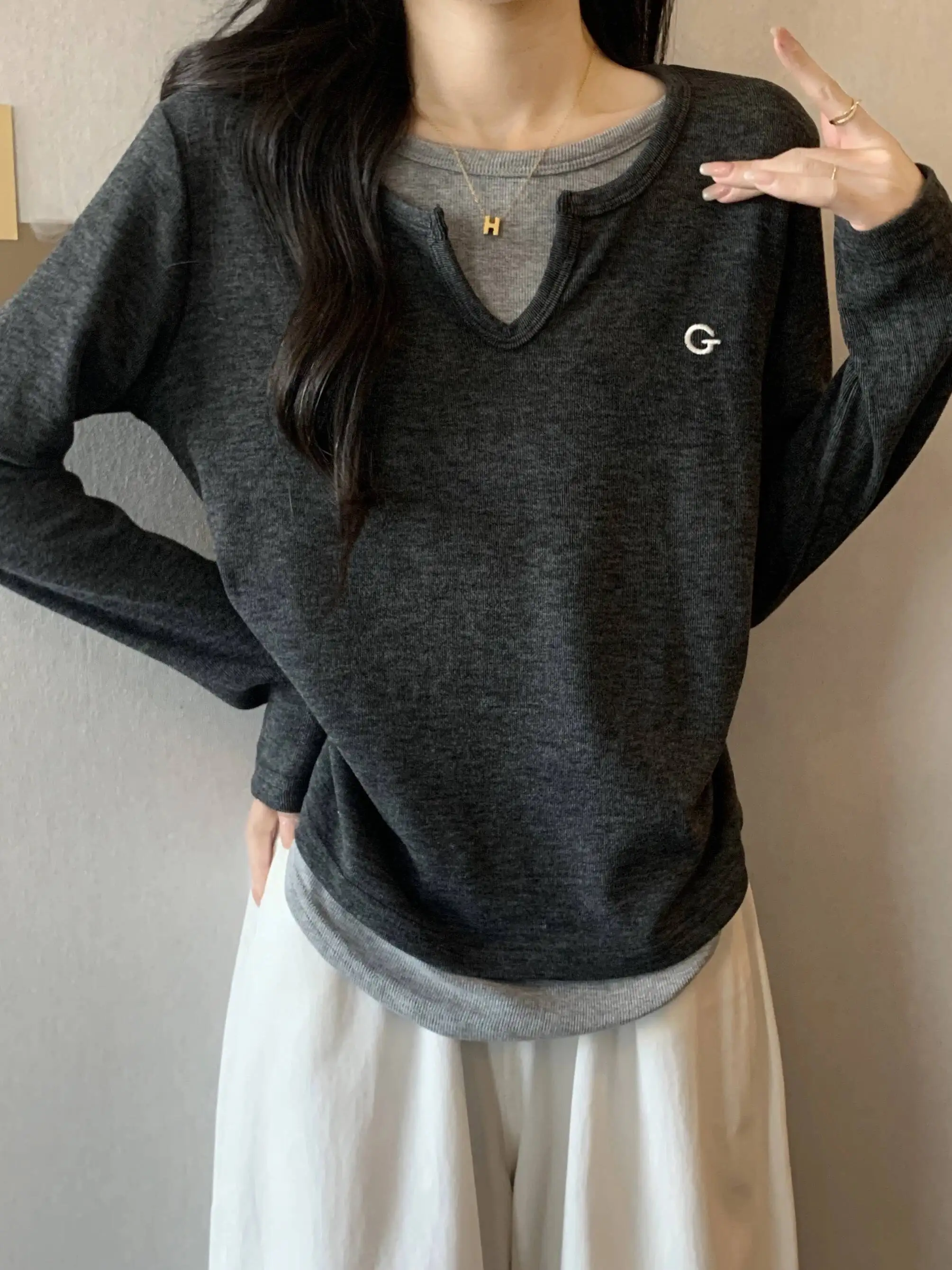 Design Sensation Slim Fit G-letter Embroidery Long Sleeve Women's T-shirt Autumn Winter New Base Layer Shirt Inner Wear Top