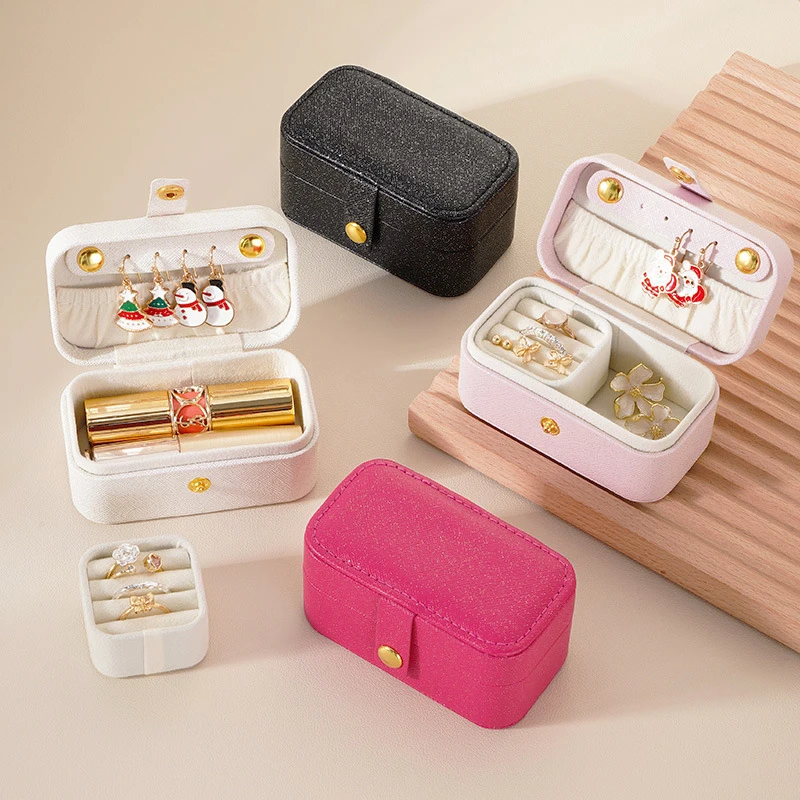 

PU Leather Glitter Mini Jewelry Box Travel Portable Jewelry Organizer Display Earrings Necklace Ring Storage Buckle Jewelry Case