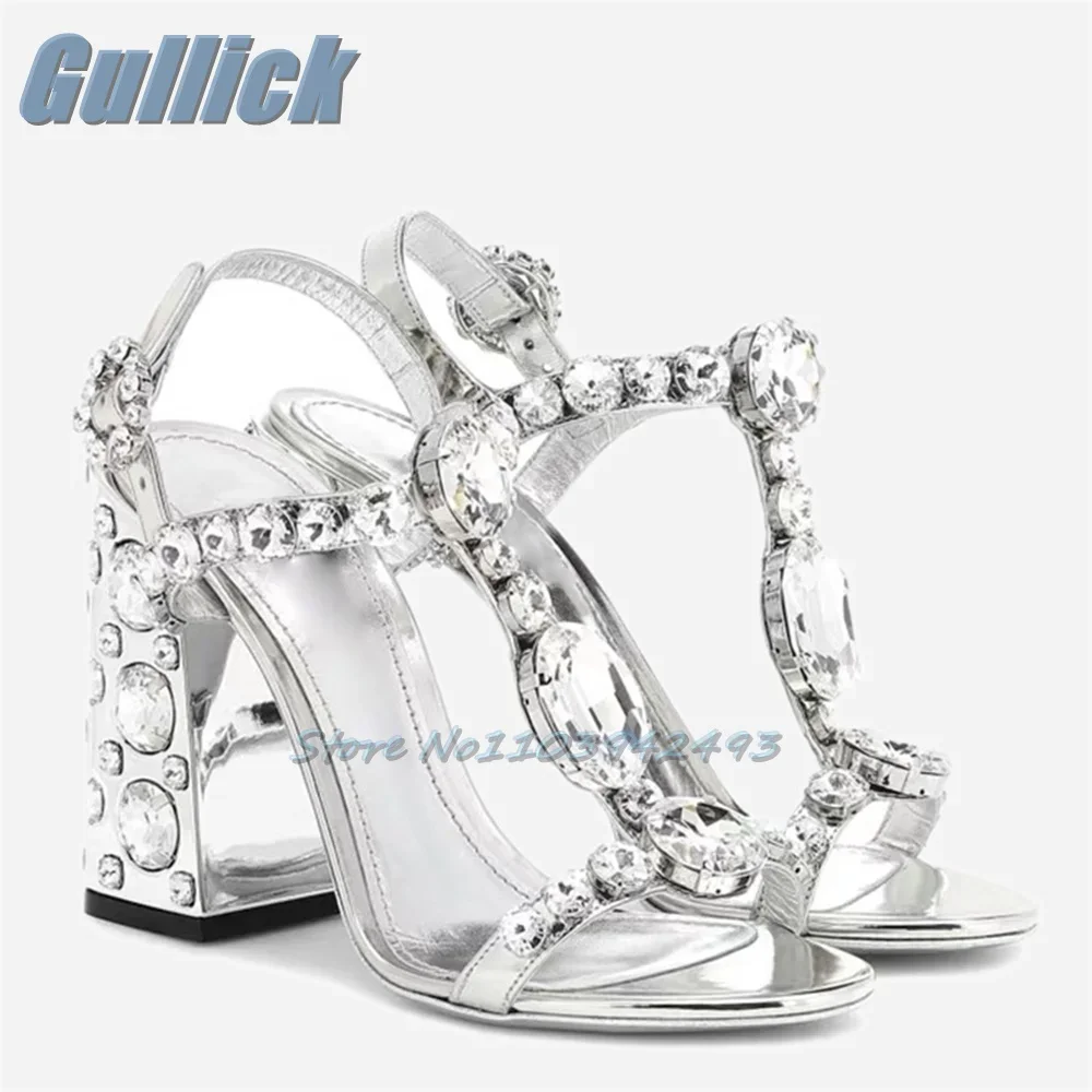 

Silver Gemstone Heeled Sandals Open Toe T-Strap Shallow High Heels Golden Summer Women Luxury Designer Shoes Sandalias 2025
