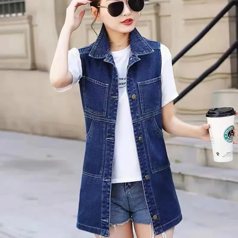 

2023 New Spring And Autumn Broken Denim Waistcoat Women's Mid-long Autumn Waistcoat Slimming All The Top Tide