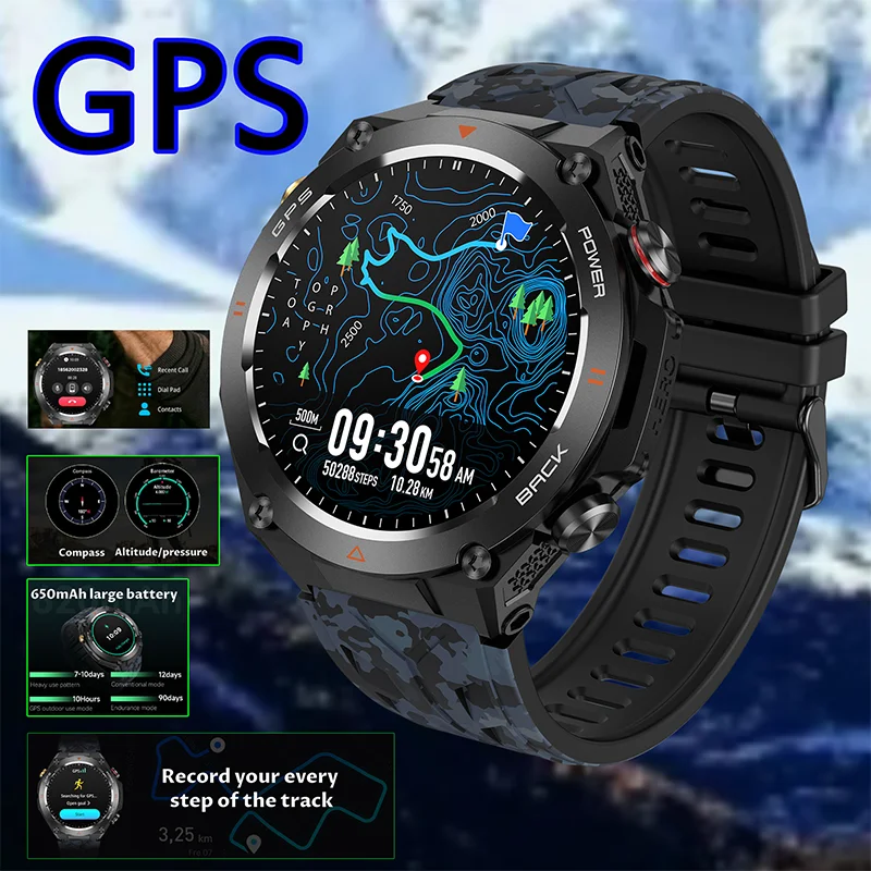 Outdoor Smartwatch AI Voice Assistant With GPS and integrated Compass Bluetooth call Heart Rate monitor 650mAh Battery Wristband