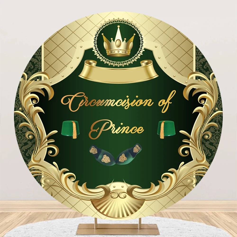 Laeacco Circumcision of Prince Round Background Vintage Gold Crown Green Pattern Kids Child Portrait Custom Photography Backdrop