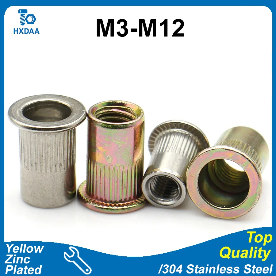 2-30pcs M3 M4 M5 M6 M8 M10 M12 304 Stainless Steel /Yellow Zinc Plated Blind Rivet Nuts Flat Head Rivnuts Nutsert for Screw Bolt