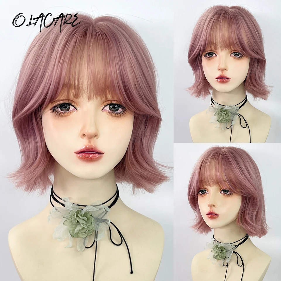 OLACARE Short Straight Bob Synthetic Wigs Pink Natural Hair Wig with Bangs for Women Cosplay Cute Wig Heat Resistant Fiber