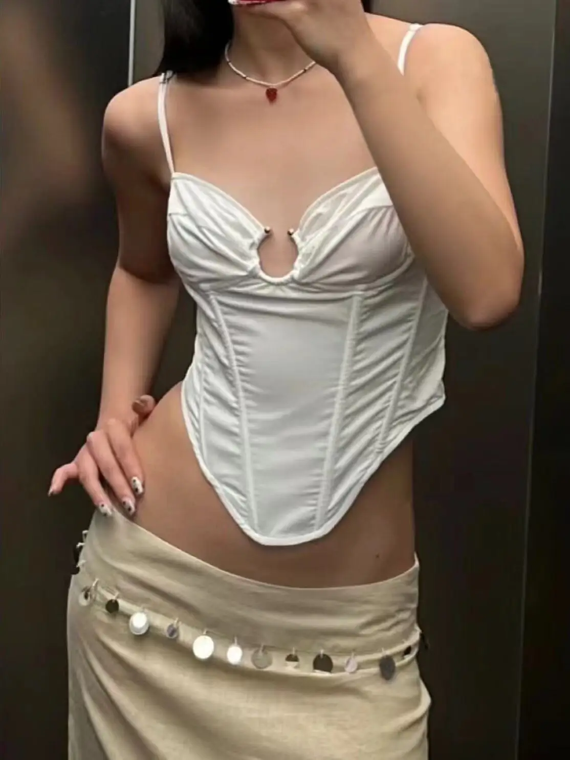 Sexy Spicy Girl Pearl Color Hollow out Metal Ring Fishbone Waist Adjustable Shoulder Strap Crop Top Two Colors Street Style S...