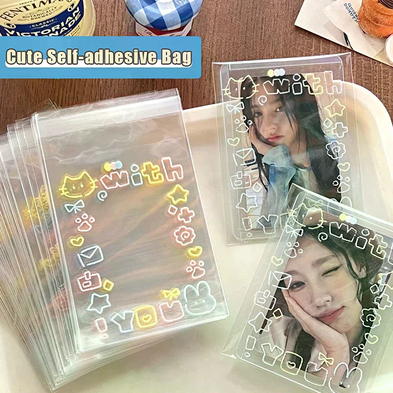 50Pcs Graffiti kitten self-adhesive bag, small card self sealing bag, packaging card gift bag, high appearance OPP bag