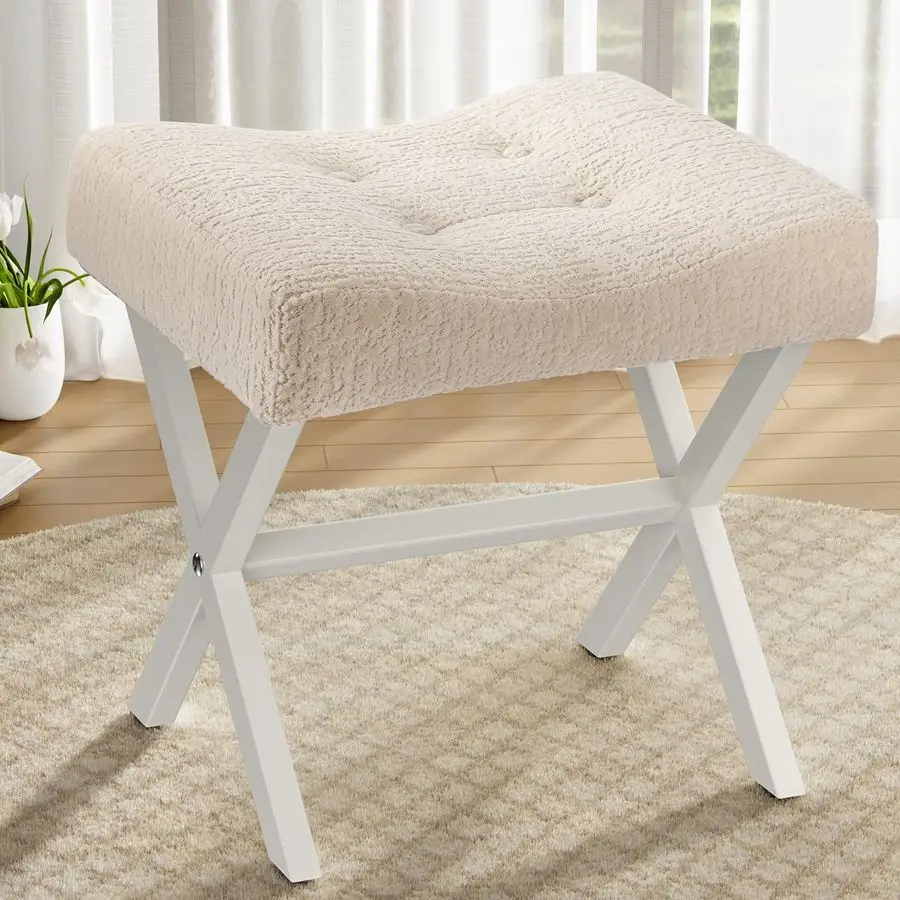 

Large Vanity Stool Chair, Vanity Bench with Metal XLegs, Ottoman Accent Stool with Breathable and Soft Boucle Fabric Saddle Seat