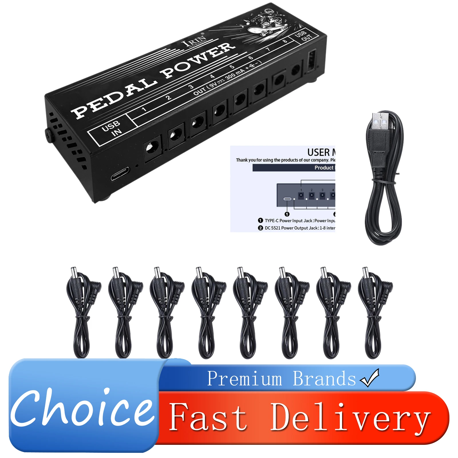 IRIN PW-3 Guitar Pedal Power Supply 8 Isolated 9V Outputs Powered Effect Power Brick for Electric Guitar Bass Effects Pedals